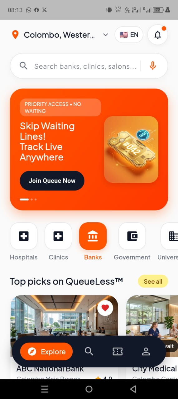 QueueLess Virtual Queue Mobile App Preview